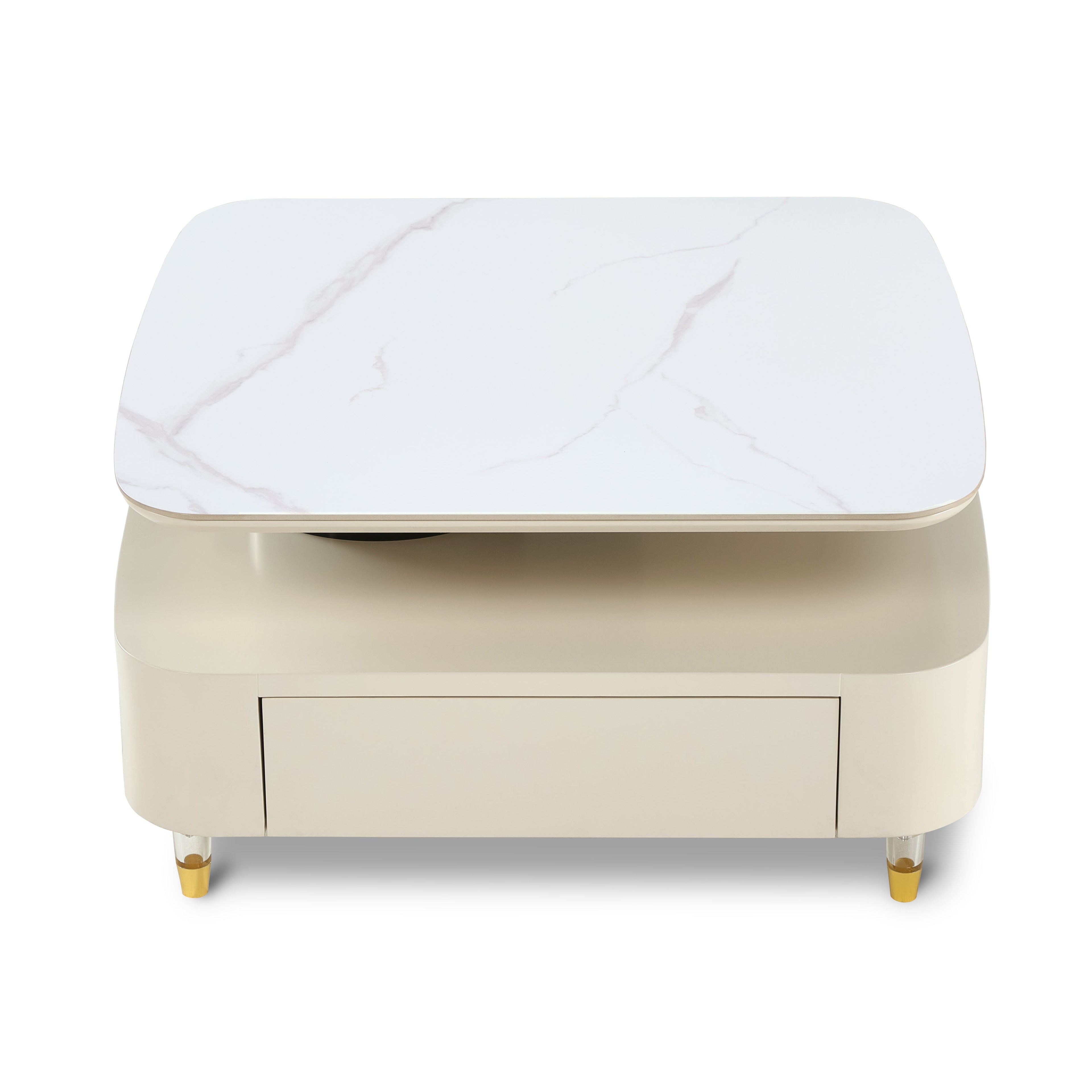 35" Creamy White Rotating Coffee Table with Drawers