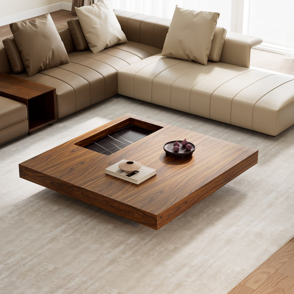 47" Square Solid-Wood Coffee Table with Sunken Small Desktop