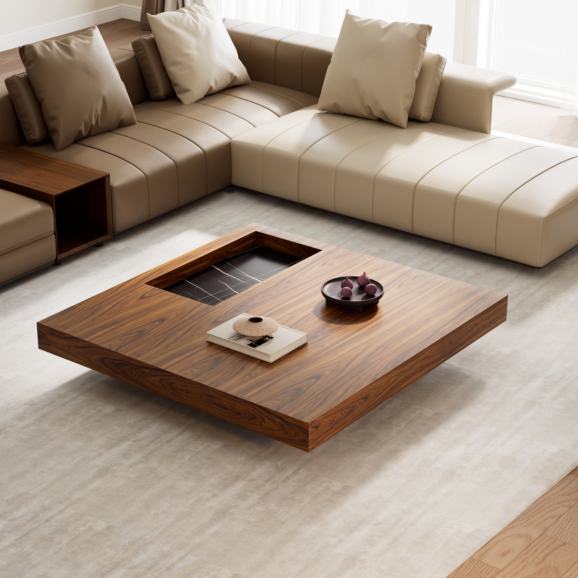 47" Square Solid-Wood Coffee Table with Sunken Small Desktop