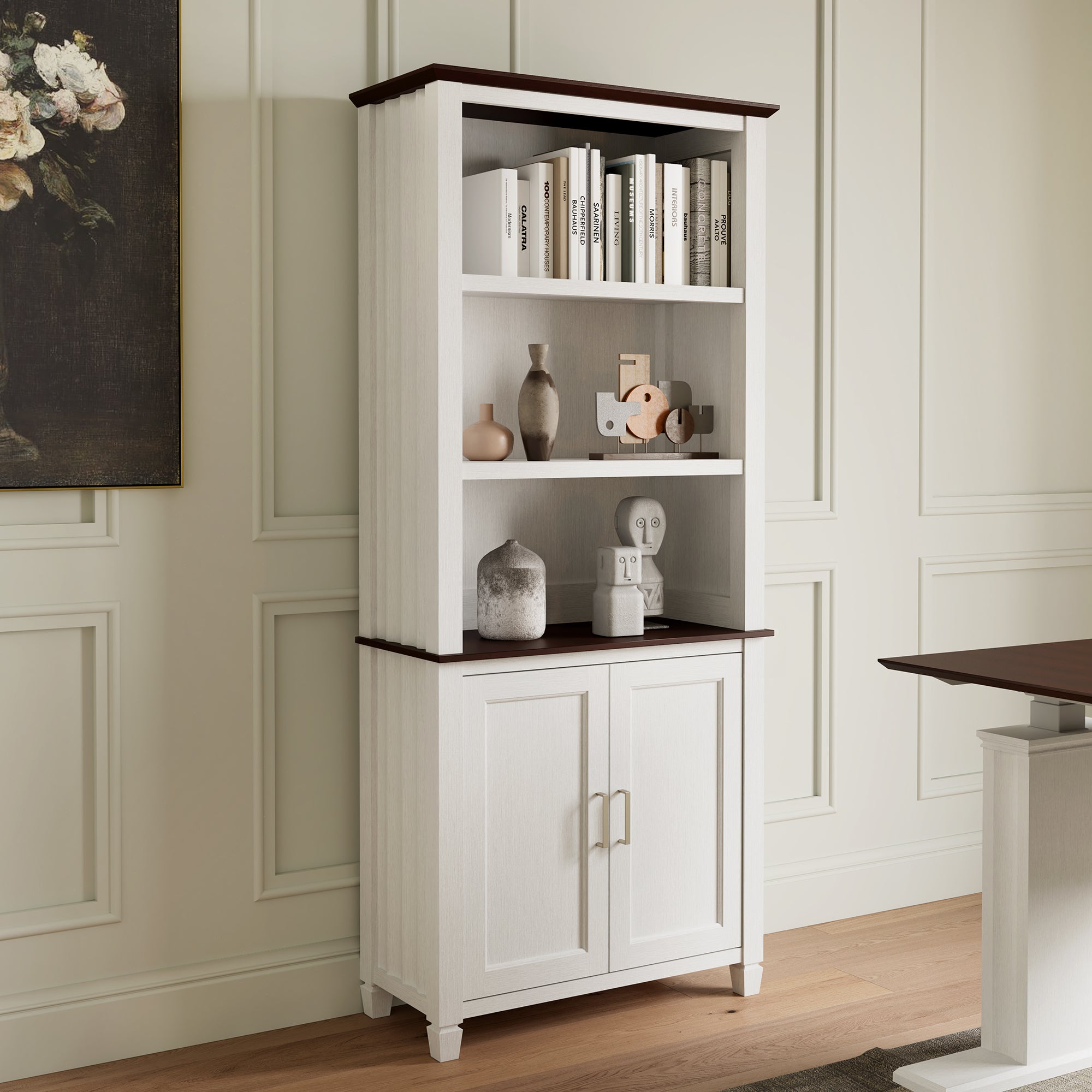 Ark ES, 71" Display Bookshelf with Storage Cabinet, White