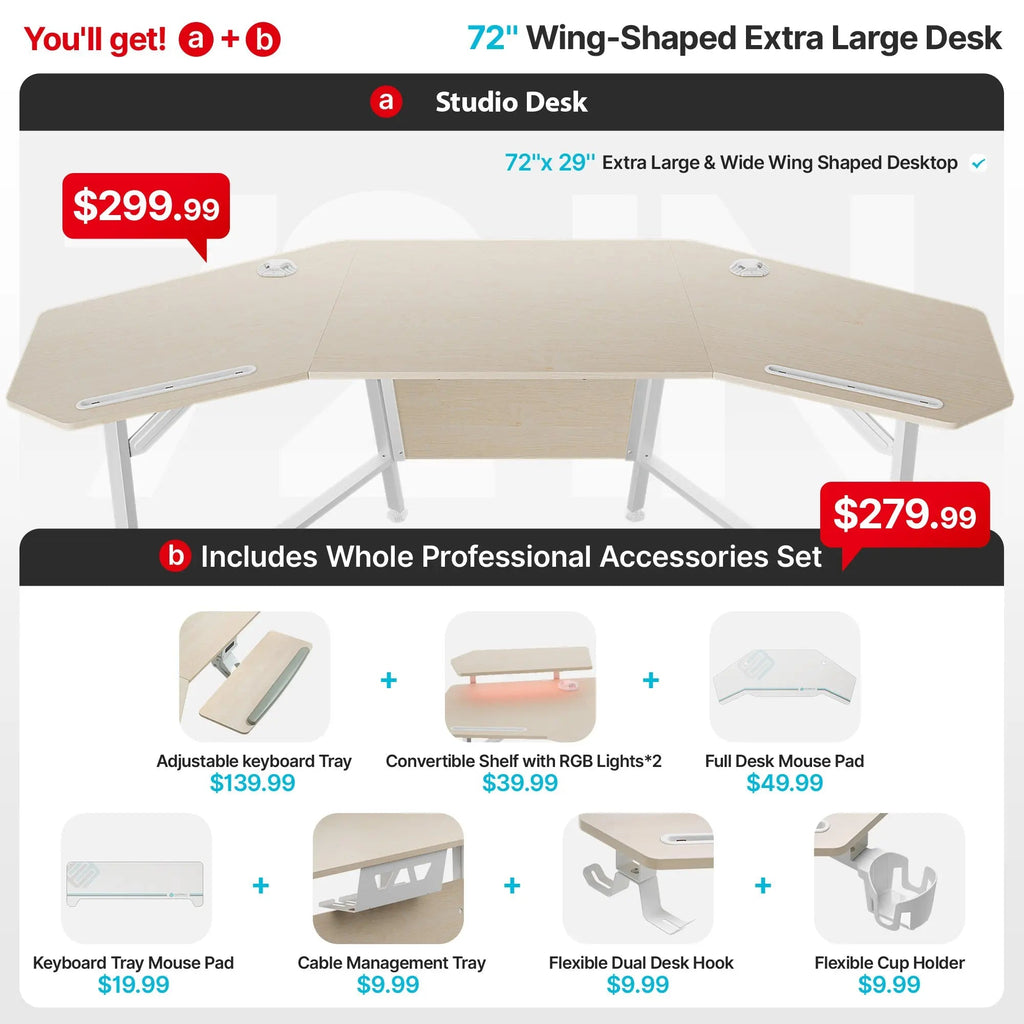 Aero Wing Shaped Studio Desk (73"x23")