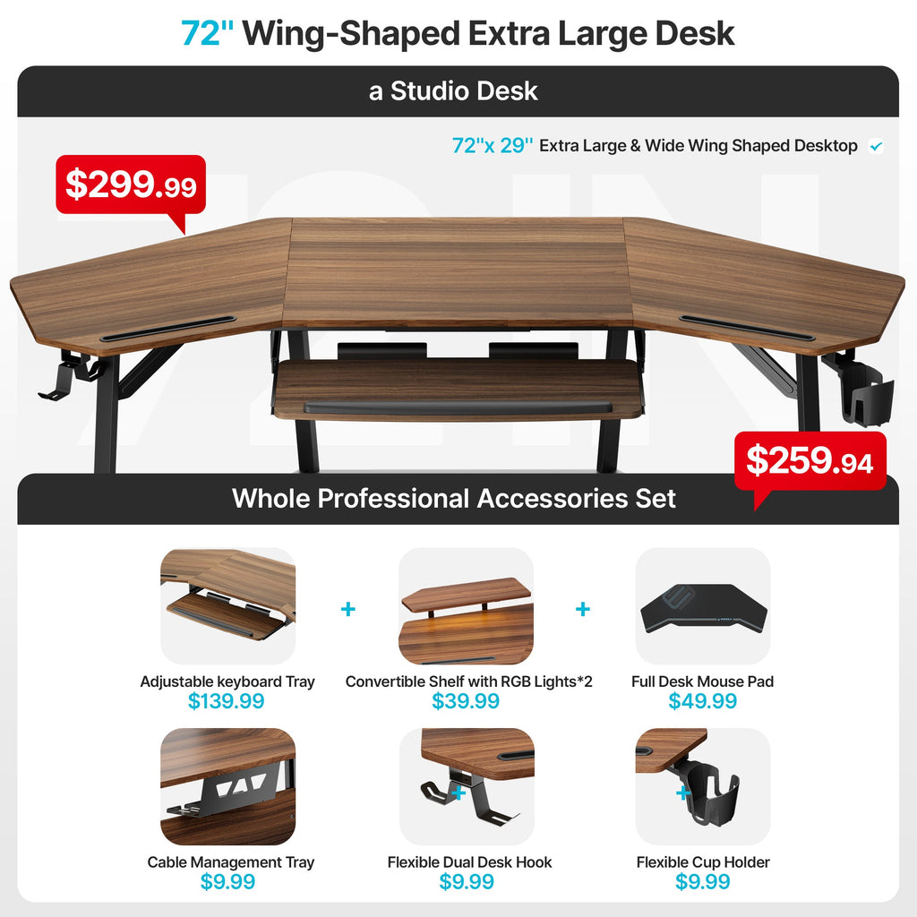 Aero Wing Shaped Studio Desk (73"x23")