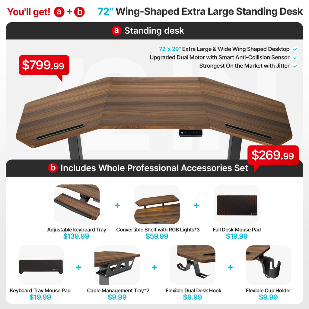 Aero Pro Wing-Shaped Standing Desk (72"x23")