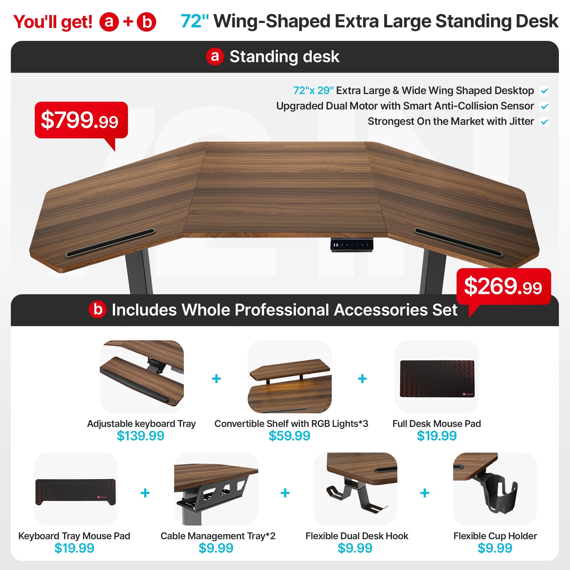 Aero Pro Wing-Shaped Standing Desk (72"x23")