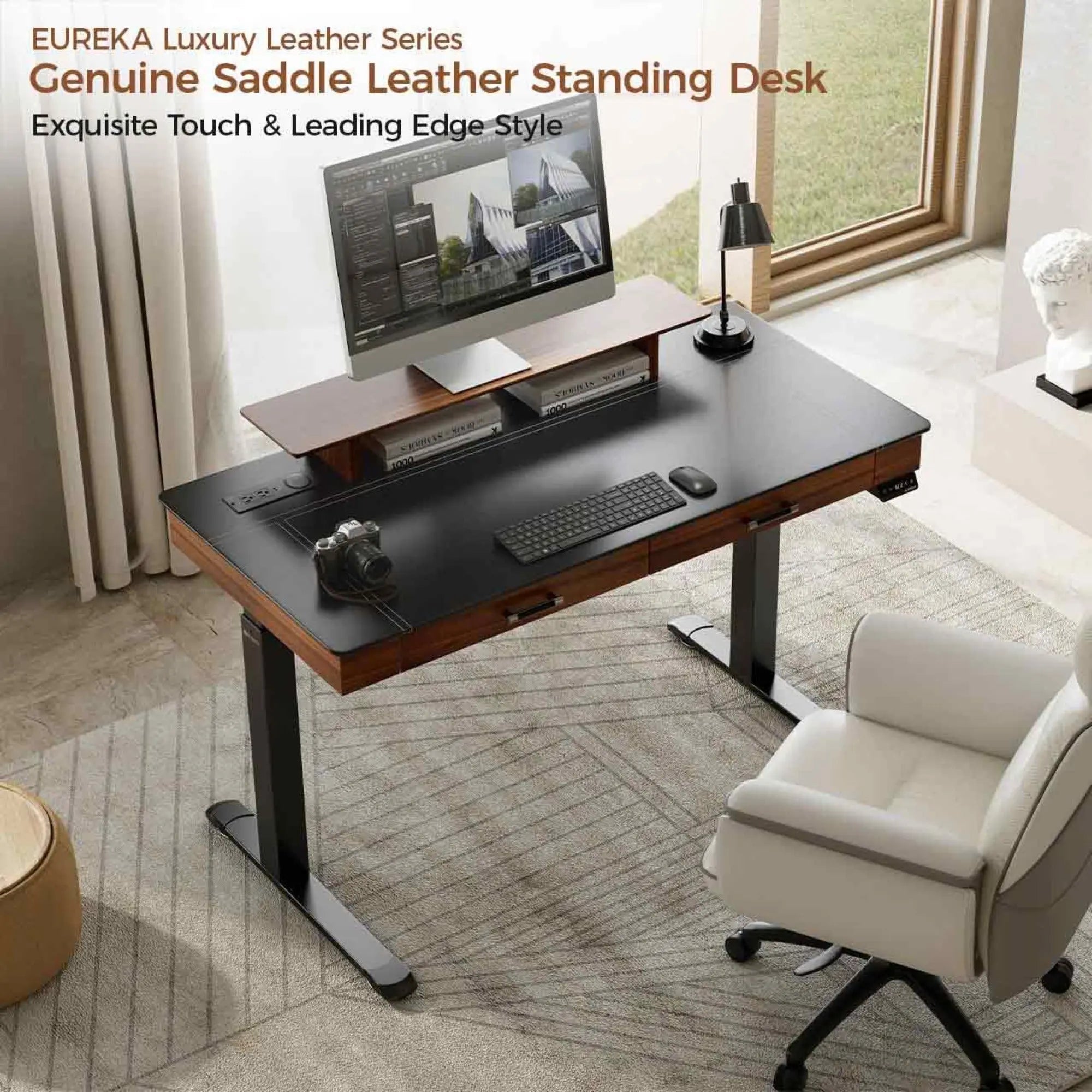 Faux Saddle Leather Adjustable Standing Desk (55"x23")