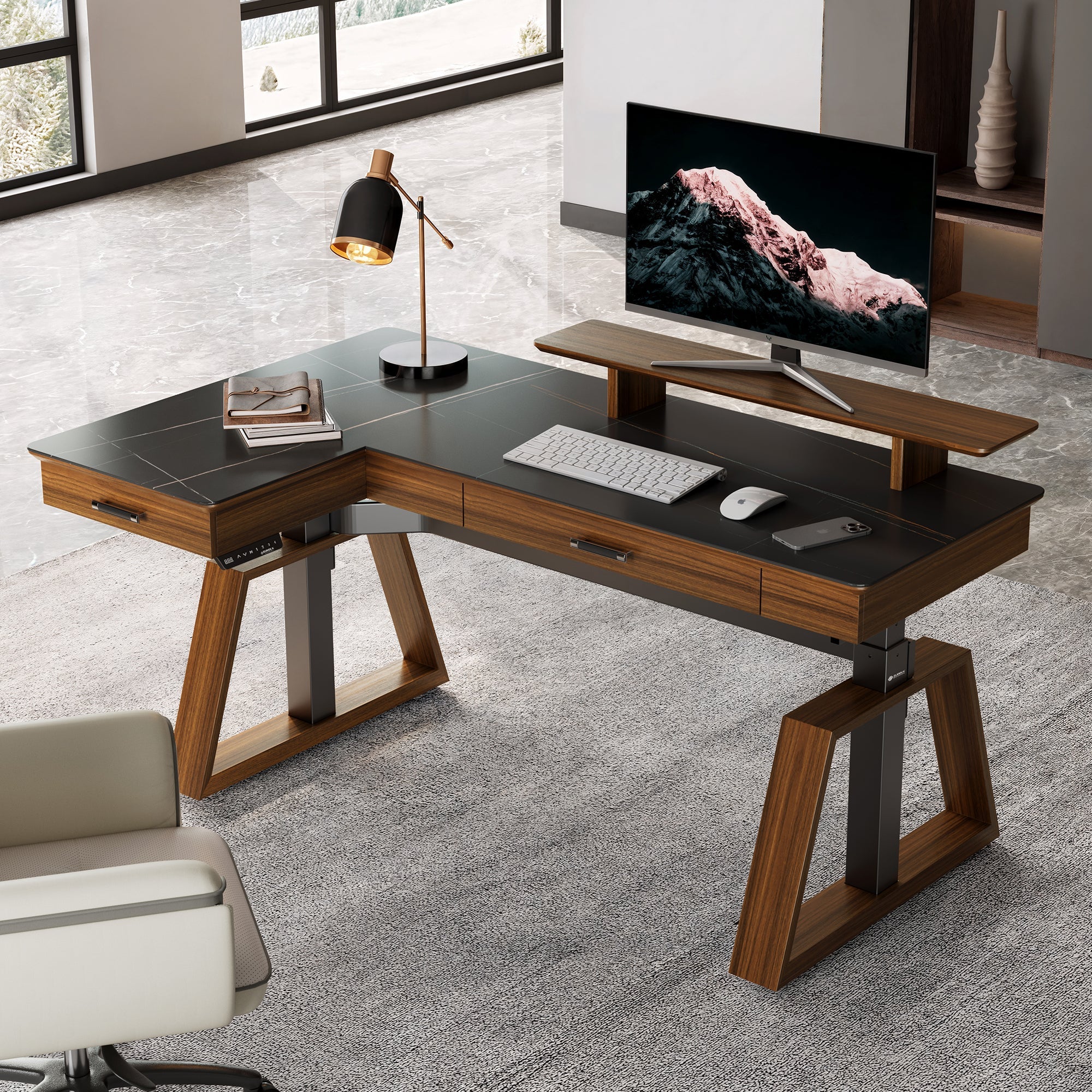 Ark Pro L-Shaped Standing Desk (sintered Stone, 63"x23")