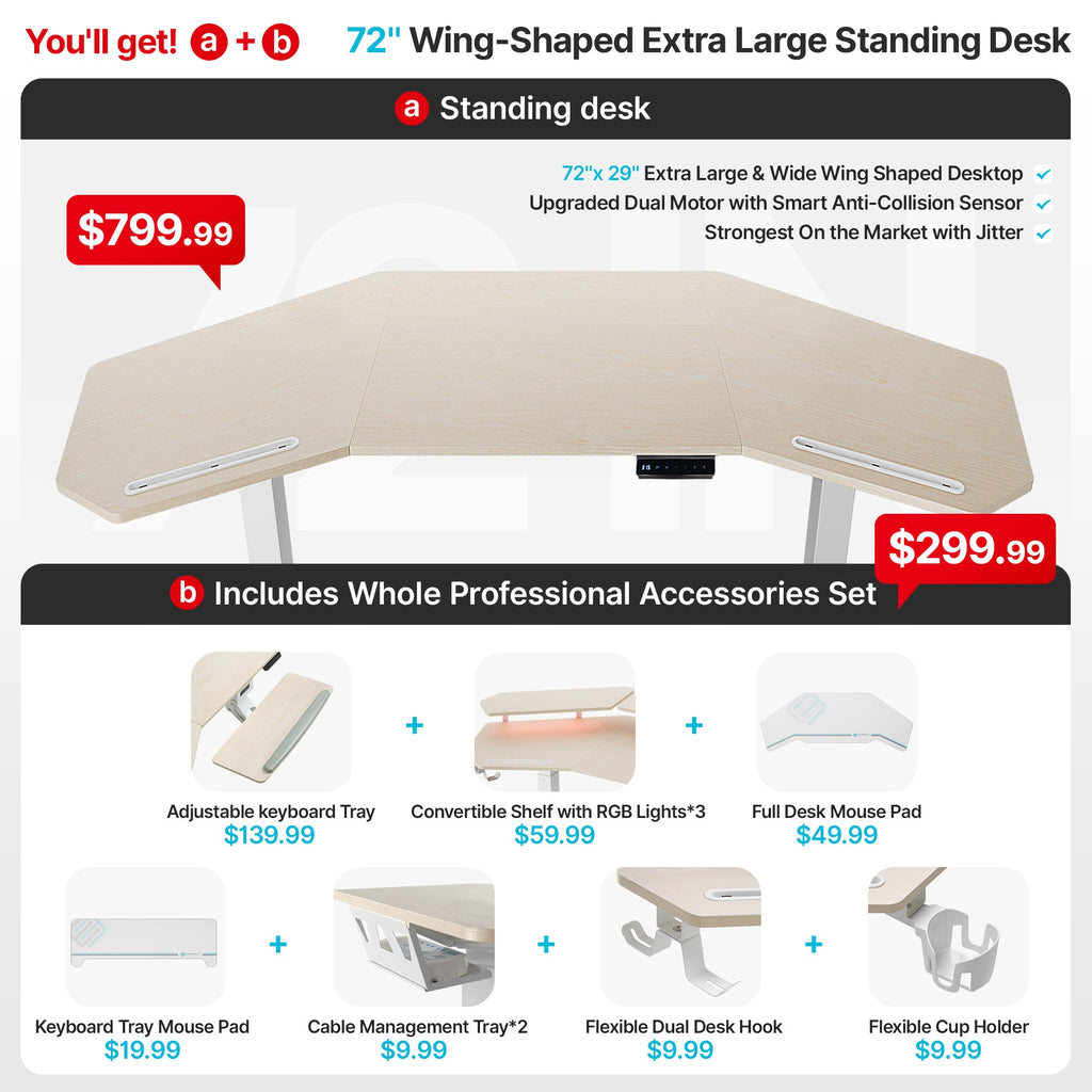 Aero Pro Wing-Shaped Standing Desk (72"x23")