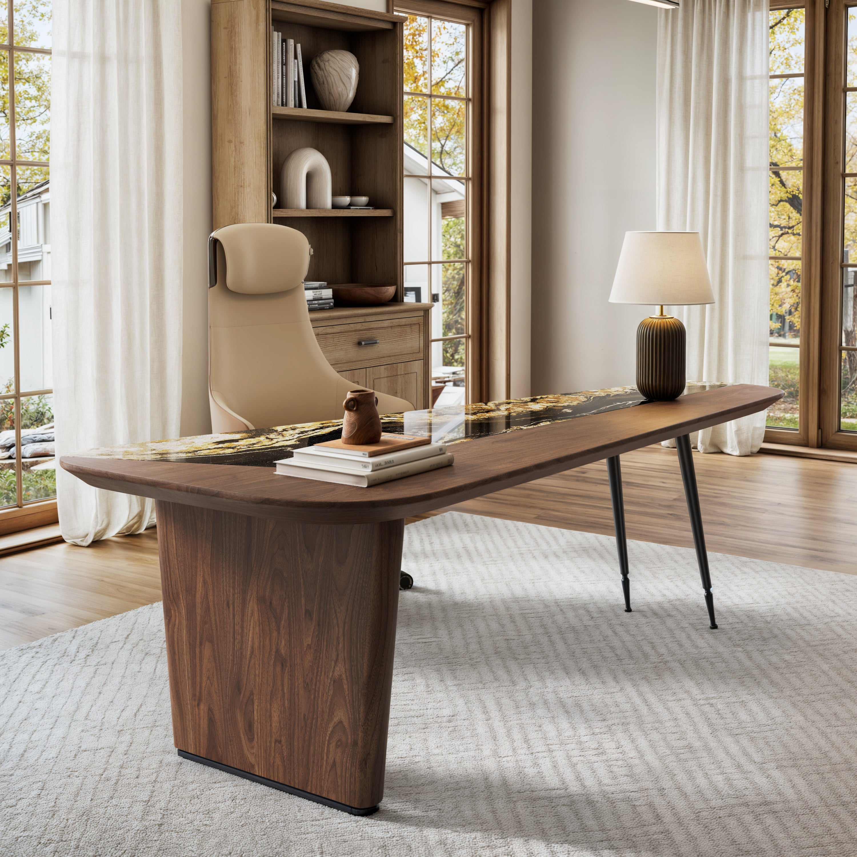 Magma, Natural Marble and Wood Top Office Desk (86"x37")