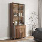 77" Display Bookshelf with Glass Door and Storage Cabinets, Walnut