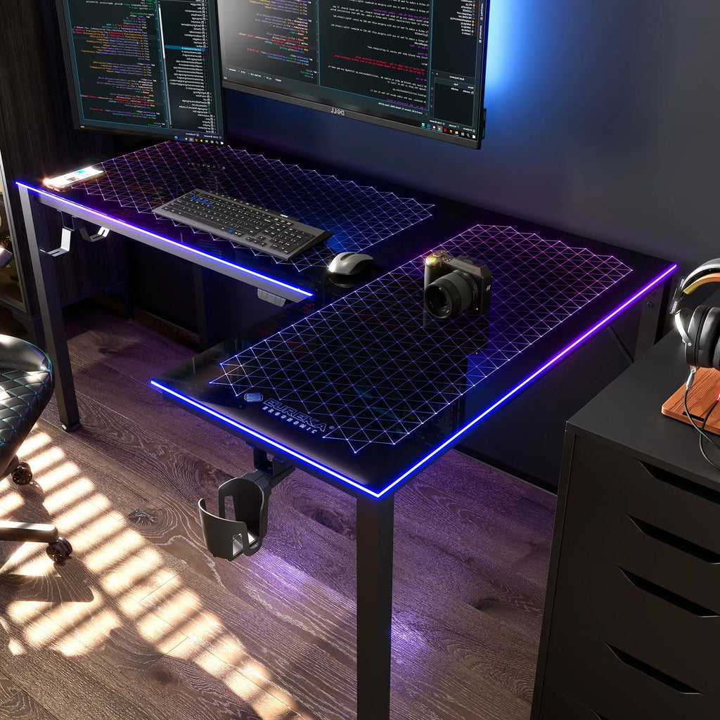 GTG - L60, L-Shaped Glass LED Gaming Desk (60"x40")