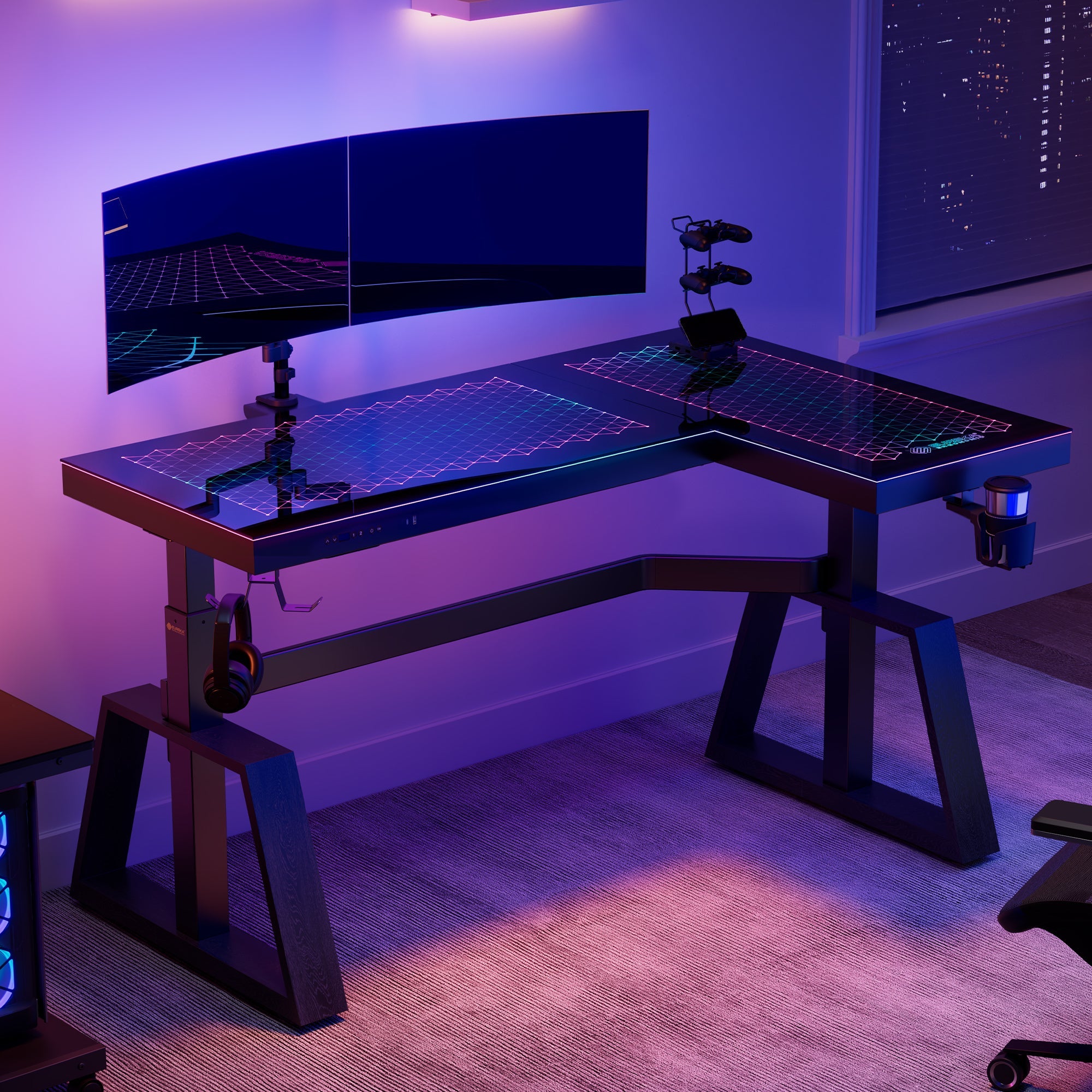 GTG-L60 Pro, L Shaped Glass Gaming Standing Desk (60"x23")