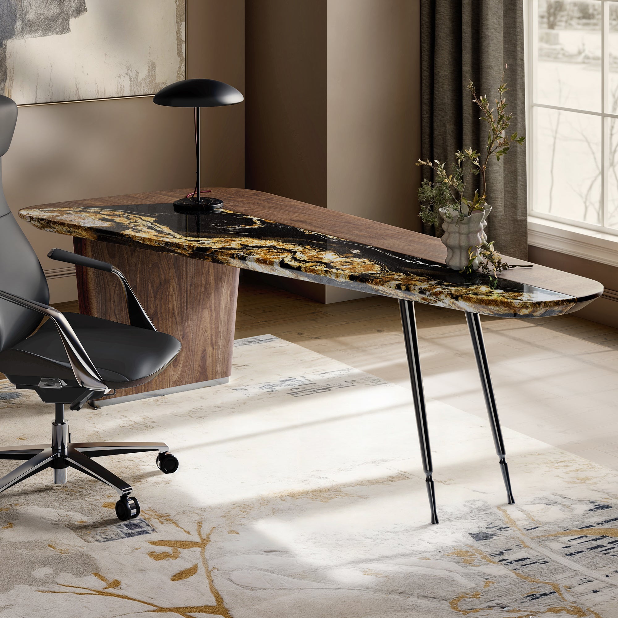 Magma, Natural Marble and Wood Top Office Desk (86"x37")