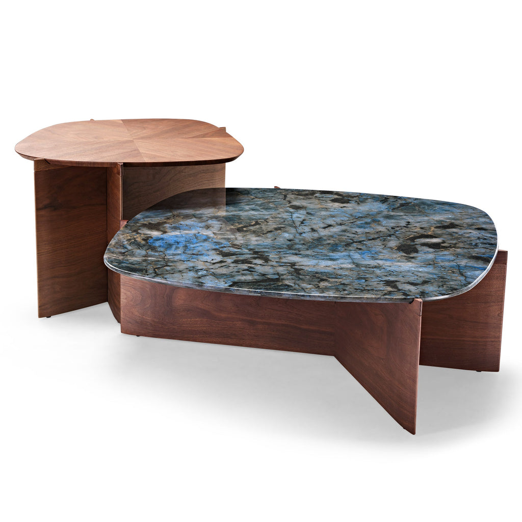 41" Walnut and Blue Jade Marble Irregular Coffee Table with Side Table Set