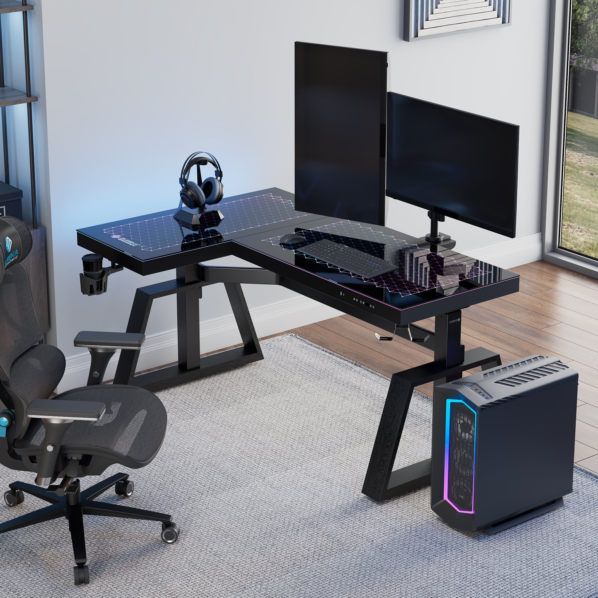 GTG-L60 Pro, L Shaped Glass Gaming Standing Desk (60"x23")