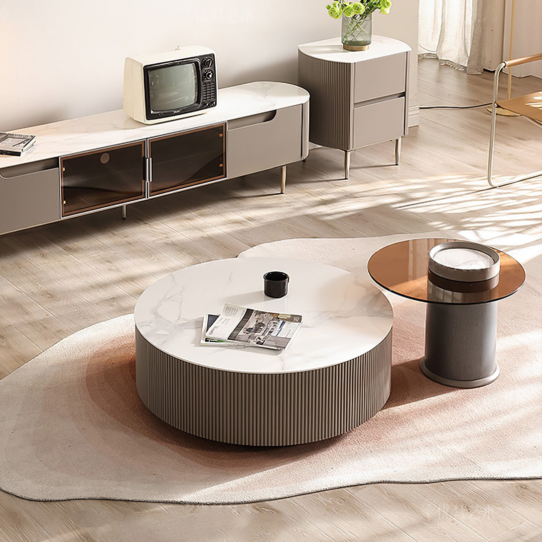 35" Round White Sintered Stone Coffee Table with Side Table Set