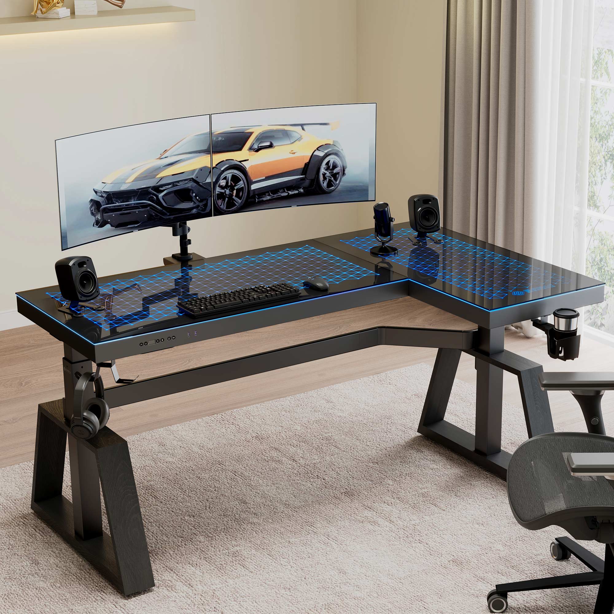 GTG-L60 Pro, L Shaped Glass Gaming Standing Desk (60"x23")