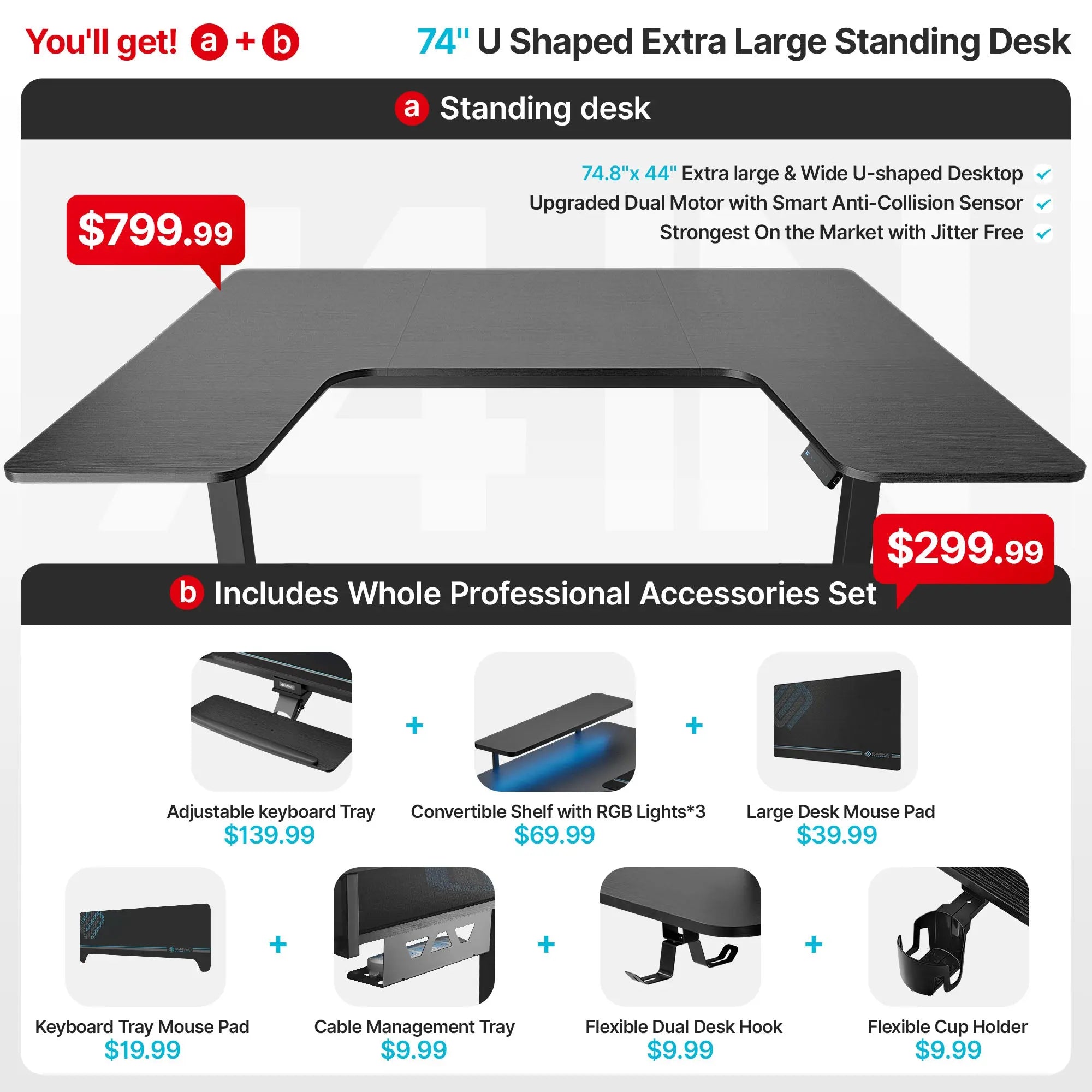 U-Shaped Standing Desk with Accessories Set (74"x23")