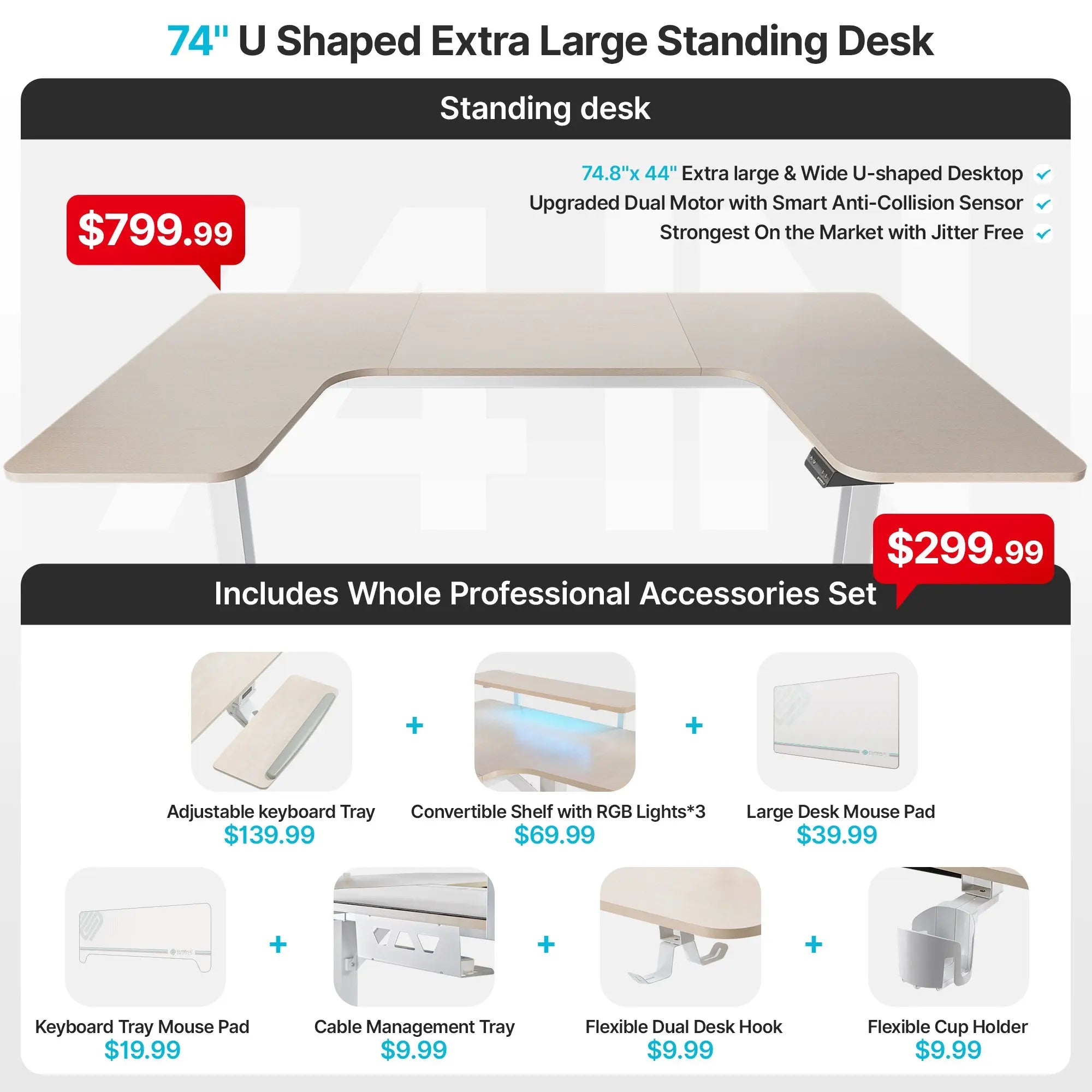 U-Shaped Standing Desk with Accessories Set (74"x23")