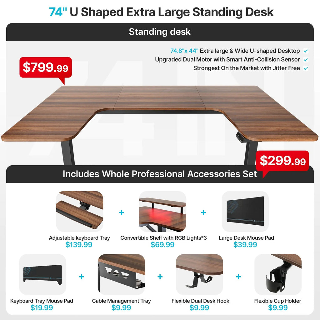 U-Shaped Standing Desk with Accessories Set (74"x23")