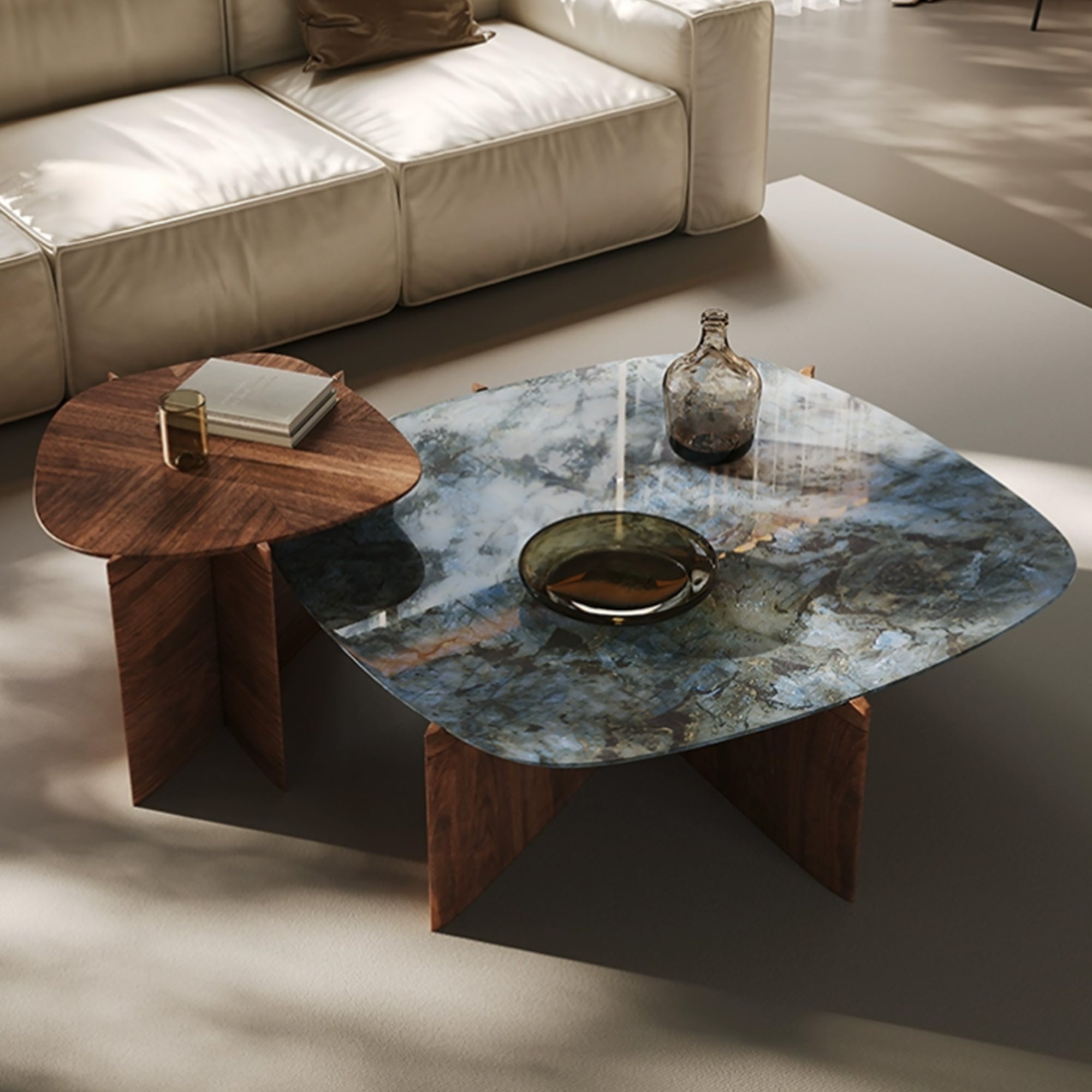 41" Walnut and Blue Jade Marble Irregular Coffee Table with Side Table Set