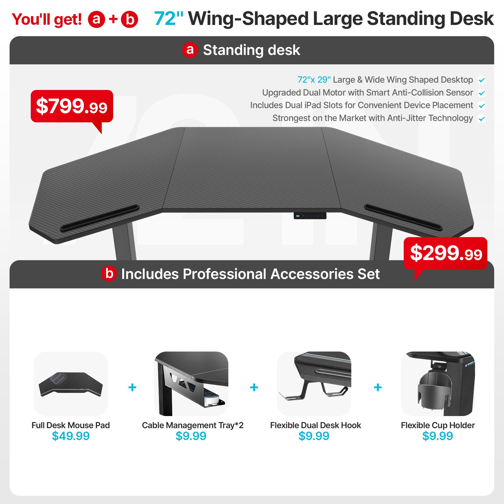 Aero Pro Wing-Shaped Standing Desk (72"x23")